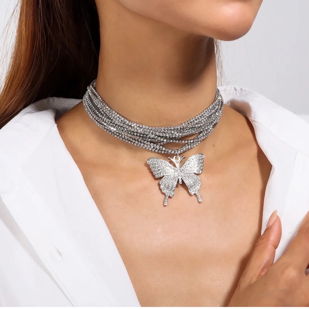 Statement Butterfly Rhinestone Choker Necklace – Sparkling Multi-Layer Design - Picture 4 of 4